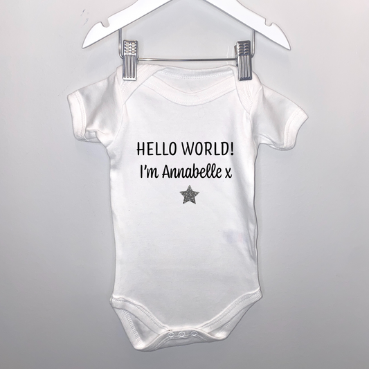 Hello world baby grow personalised with name